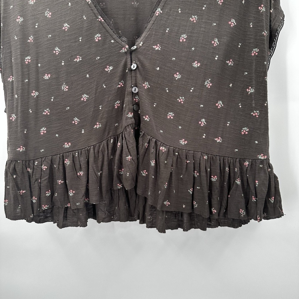 Lucky Brand Shirt Top Womens Medium Peplum Floral Cottage Rayon Lace Crop Button - Picture 3 of 11